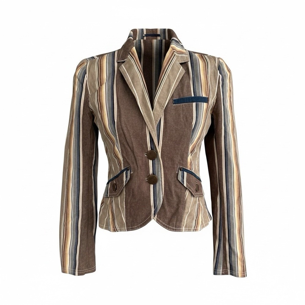GET Blazer Women's XS Denim Brown Tan Blue Green Stripe 2 Button Pockets Preppy